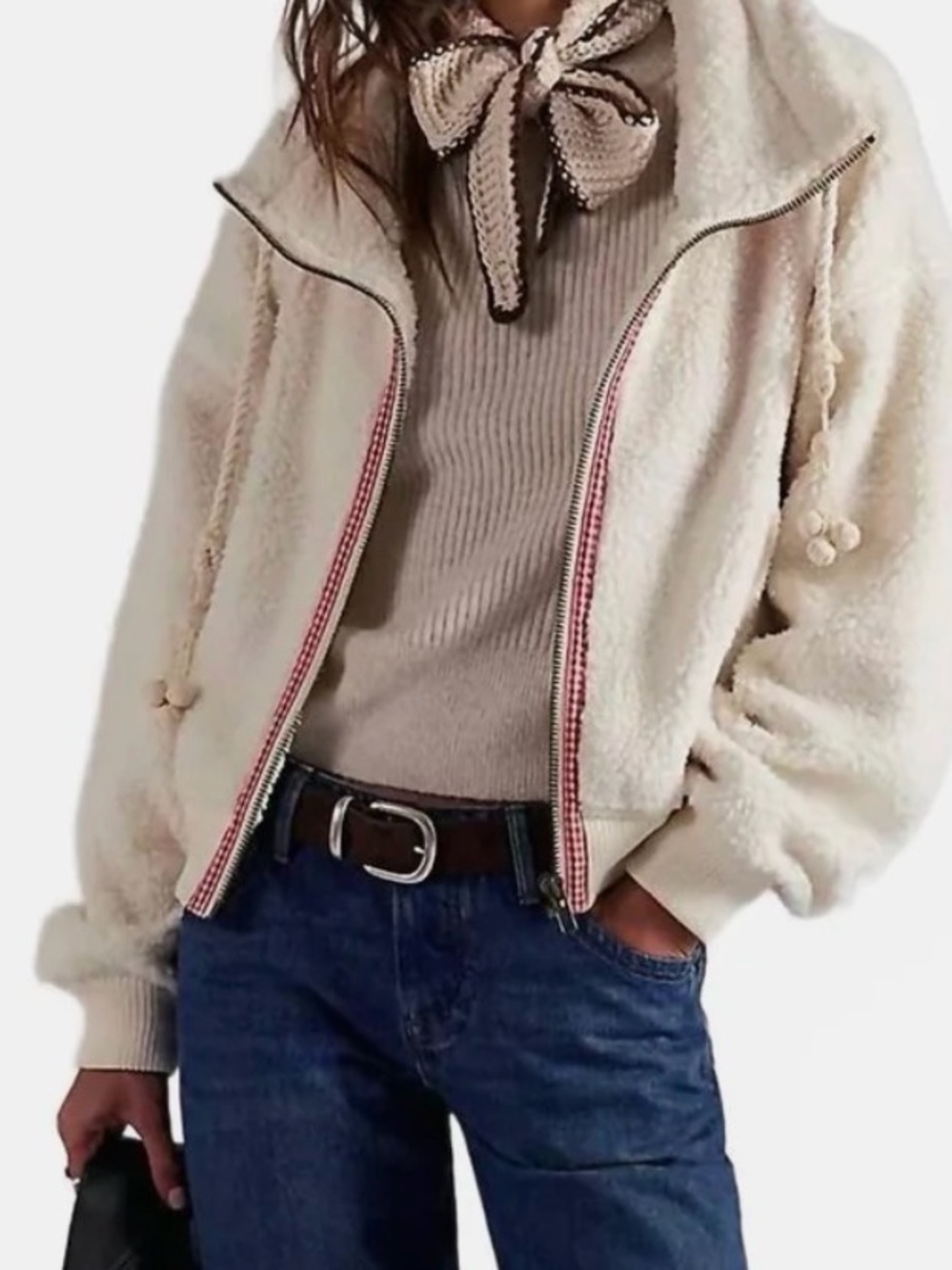 Free People Cream and Pink Trim Alpine Sherpa Jacket In White Swan Medium